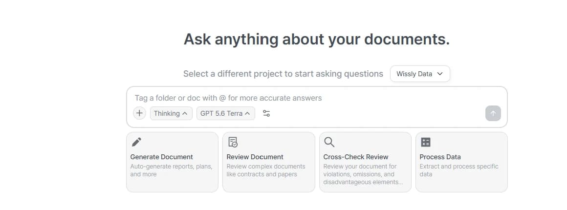 Wissly home screen for selecting documents and asking questions