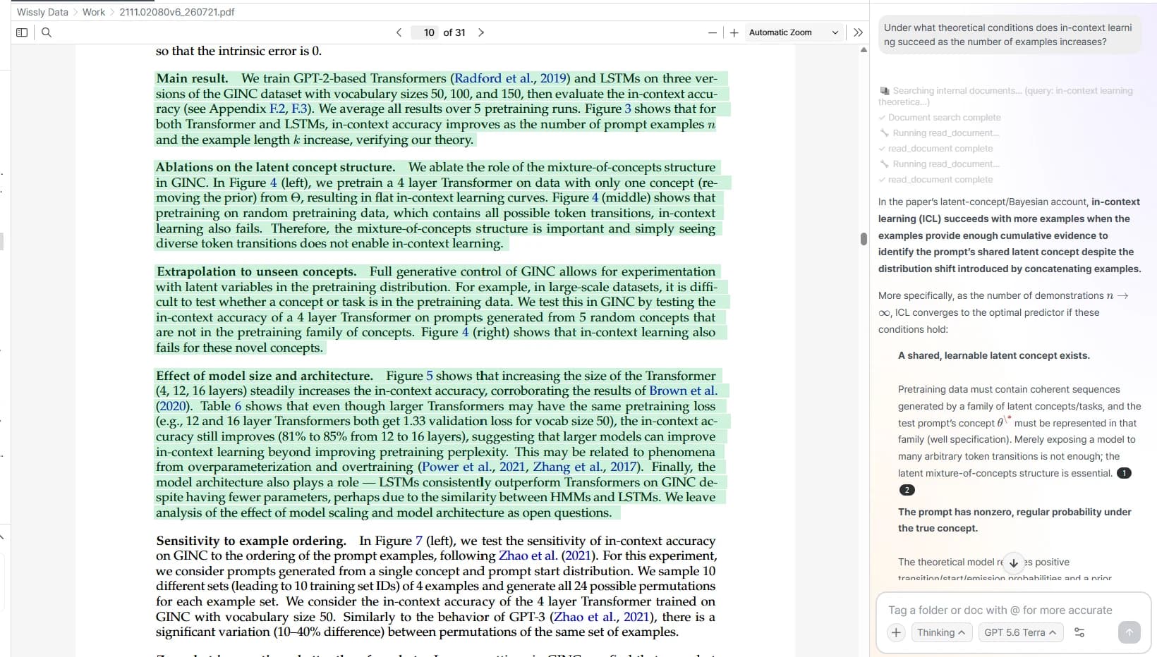 A Wissly answer alongside highlighted source evidence